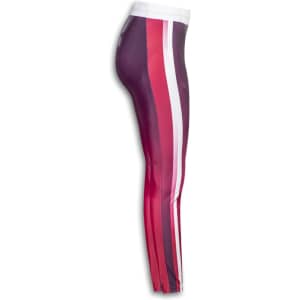 Custom women's leggings in shades of burgundy, pink, and white with a fitted silhouette and a waistband. Features logo.