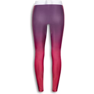 Women's athletic leggings featuring a gradient design from purple to pink, with a white waistband and a logo.