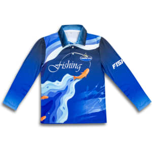 A long-sleeved polo shirt in blue featuring a water-themed design and a logo on the sleeve.