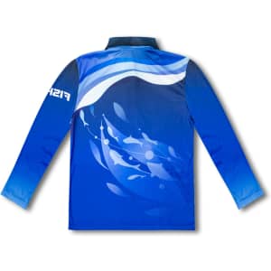 A blue fishing polo shirt featuring a graphic design with fish and waves, complete with a logo on the side.