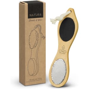 A NATURA pedicure tool made of bamboo, featuring a textured surface and a rope loop, displayed with its packaging.