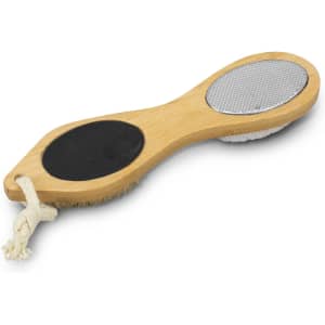 A wooden pedicure tool featuring a textured surface and a smooth side, with a hanging loop for easy storage.