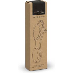 A pedicure tool in a cardboard box featuring natural tones, with a logo and an illustration of the product.