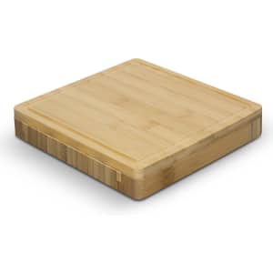 A square bamboo cheese board with a smooth surface and angled edges, featuring a natural wood finish.