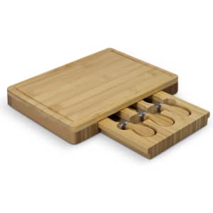 A rectangular bamboo cheese board with a drawer containing three cheese knives. The board features a smooth finish.