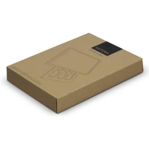 A rectangular cheese board packaged in a plain brown box, featuring a logo and simple design.