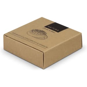 A brown cardboard box containing a bamboo brush and mirror, featuring a simplistic design and logo.