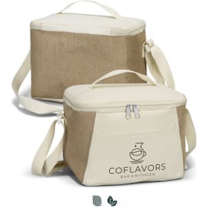 A jute cooler bag in natural and cream colours with a zip closure and shoulder strap, featuring a logo.