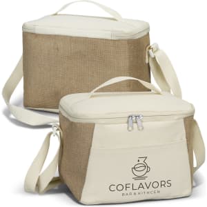 A jute cooler bag in beige and cream with a zip closure and adjustable strap, featuring a logo on the front.