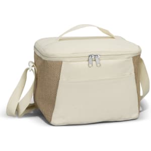 A jute cooler bag in cream and natural tones with a zip closure and a shoulder strap. It features a front pocket and a logo.