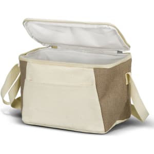 A jute cooler bag in brown and cream with a zippered top and an exterior pocket, featuring a shoulder strap.