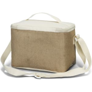A jute cooler bag in natural beige with a white top and handle, featuring a detachable strap and branding.