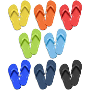 A collection of flip flops in various colours: yellow, orange, red, green, blue, black, and navy. Each pair features a simple design.
