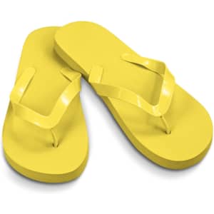 Yellow flip flops with a textured surface and smooth straps, featuring a logo on the sole.