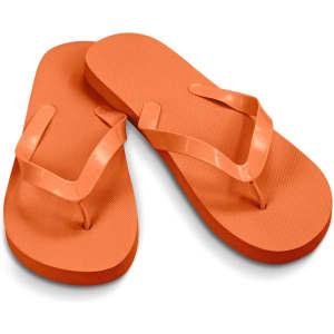 A pair of orange flip flops with a textured sole and a simple thong strap. Features a logo.