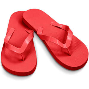 Red flip flops with a textured sole and matching straps, featuring a logo on the side.