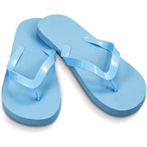 Light blue flip flops with a simple design and a matching thong strap, featuring a logo on the sole.