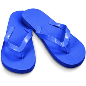 Blue flip flops with a textured sole and glossy straps, featuring a simple design.