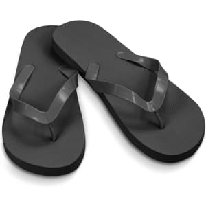 A pair of black flip flops with a simple design and a logo on the strap.