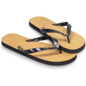 Black flip flops with a cork footbed and black straps, featuring a logo on one strap.