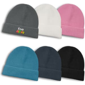 A collection of Avalanche Brushed Kids Beanies in grey, white, pink, teal, dark grey, and black, featuring a logo.
