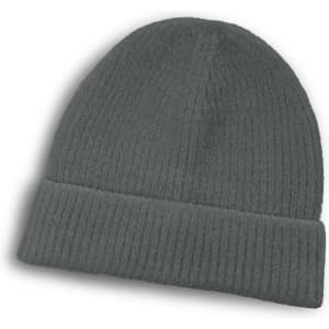 A grey beanie with a textured finish and a folded cuff, featuring a small logo.