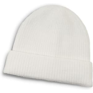 A white beanie with a ribbed texture and a folded cuff, featuring a logo.