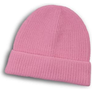 A pink brushed kids beanie with a folded cuff and a textured finish, featuring a logo.