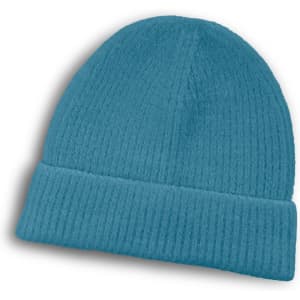 A blue brushed kids beanie with a ribbed texture and a folded cuff, featuring a logo.