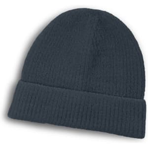 A dark grey brushed beanie for kids with a rolled cuff and a textured design. It has a logo on it.