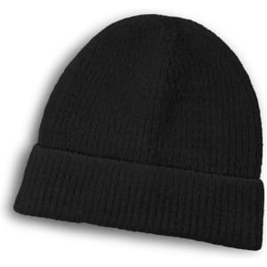 A black brushed kids beanie with a folded cuff, featuring a textured design and a logo.