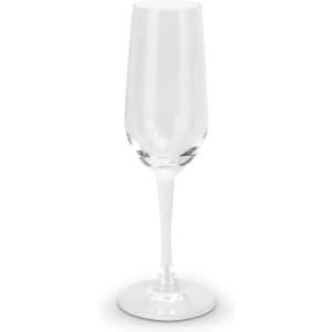 A clear glass champagne flute with a slender stem and wide base. It features a logo on the glass.