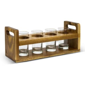 A wooden taster tray featuring five clear glasses set in a rectangular base with handles.