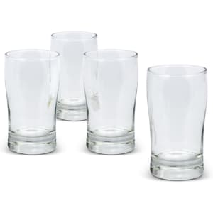 Four clear glass tumblers with a sturdy base, arranged closely together on a white background.