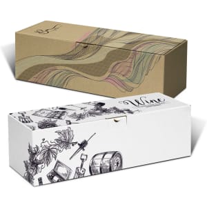 A die cut box with a locking lid, featuring a white and brown design with illustrations and branding.