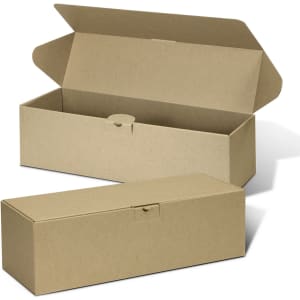 A brown die cut box with a locking lid, featuring an open and closed position. It has a simple design and a brand logo.
