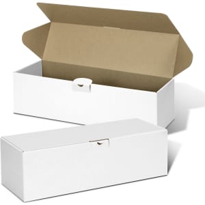 A white die cut box with a locking lid, featuring an open and closed position, showing a beige interior.