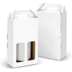A white, double wine carry pack with a window and handle, featuring a front cut-out and a simple design.