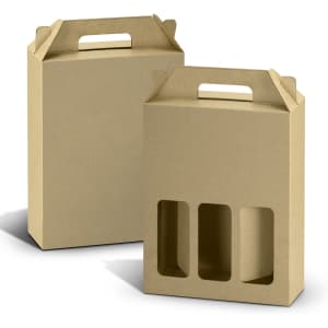 A triple wine carry pack in a natural kraft finish, featuring handles and a window for easy viewing.