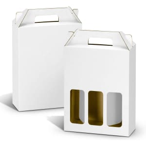 A white wine carry pack with a clear window to hold three bottles, featuring a handle for easy transport.