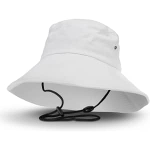 A white bucket hat with a wide brim and an adjustable chin strap, featuring a logo.