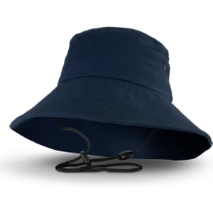 A navy Yuma bucket hat with a wide brim and an adjustable chin strap, featuring a logo.