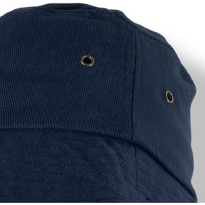 A navy Yuma Bucket Hat featuring a textured fabric and ventilation eyelets. The hat has a logo on it.