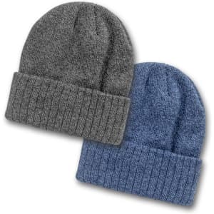 Two beanies in grey and blue, featuring a ribbed cuff, displayed against a white background. Each has a logo.