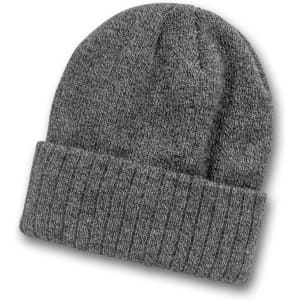 A grey beanie with a ribbed fold-over cuff, featuring a logo on the side.