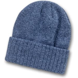 A blue beanie hat with a folded cuff, featuring a textured knit pattern and a branding logo.