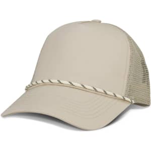 A beige trucker cap with a mesh back and decorative cord across the front.