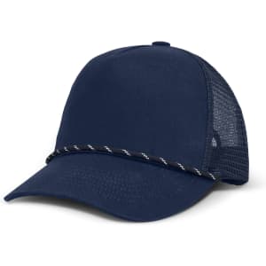 A navy trucker cap with a mesh back and a braided band across the front, featuring a logo.