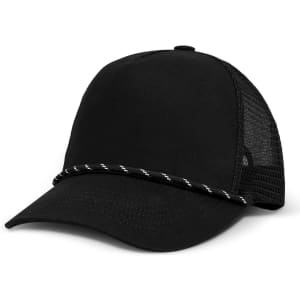 A black trucker cap with a mesh back and a decorative rope band across the front.