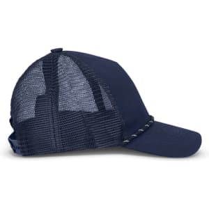 A navy trucker cap featuring a mesh back and a decorative band along the brim, with a logo on the side.